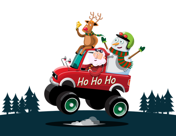 Santa Claus, snowman and reindeer drives a car to deliver gifts Illustration