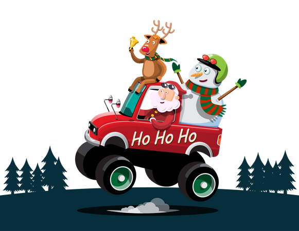 Santa Claus, snowman and reindeer drives a car to deliver gifts  Illustration