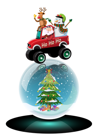 Santa Claus, snowman and reindeer drives a truck to deliver Christmas gifts  Illustration