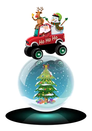 Santa Claus, snowman and reindeer drives a truck to deliver Christmas gifts  Illustration