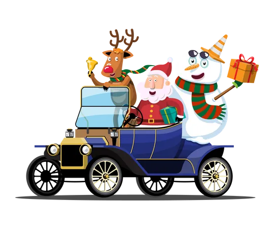Santa Claus, snowman and reindeer drives a vintage car to deliver Christmas presents  Illustration