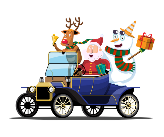 Santa Claus, snowman and reindeer drives a vintage car to deliver Christmas presents  Illustration