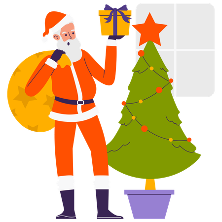 Santa Claus Standing near Tree with Gift  Illustration