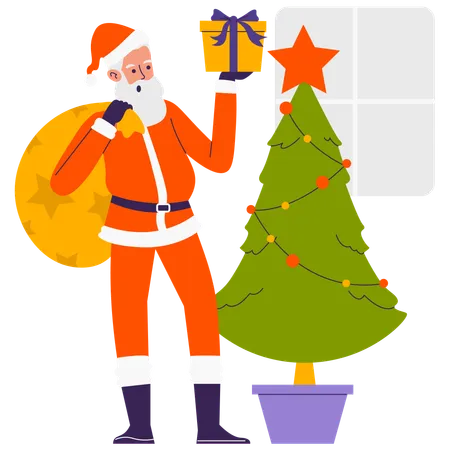 Santa Claus Standing near Tree with Gift  Illustration