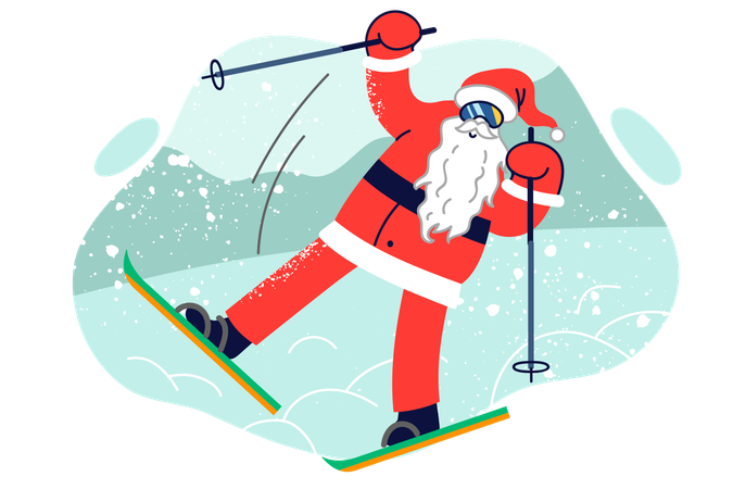 Santa claus stands on skis due to rush to christmas party or new year celebration  Illustration