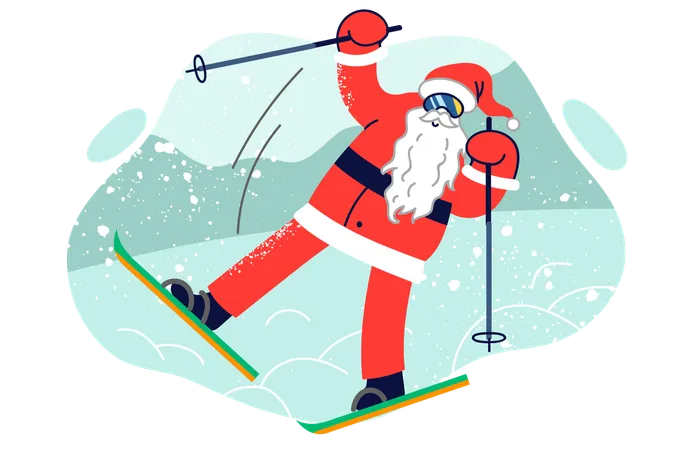 Santa Claus Stands On Skis At Risk Of Falling Due To Rush To Christmas Party Or New Year Celebration Funny Santa Claus With White Beard Laughs And Goes Skiing Through Snowdrifts At December Festival Illustration