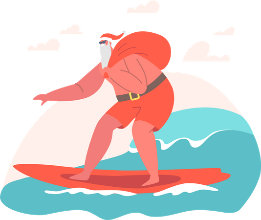 Santa Claus Surfing Ocean Wave on Surfboard  Illustration