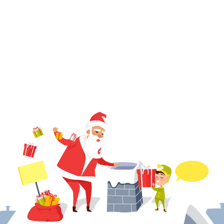 Santa Christmas And Fast Delivery Of Best Presents Santa Claus Throwing Presents In Chimney Cartoon Santa And Dwarf Standing On Roof Of House Gnome Gives Gift Box Holiday Vector Web Banner Illustration