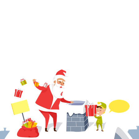 Santa Claus throwing presents in chimney  Illustration