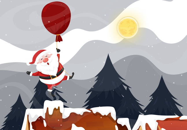 Santa Claus used balloon over rooftop and chimney at the Christmas night with full moon and snowy  Illustration