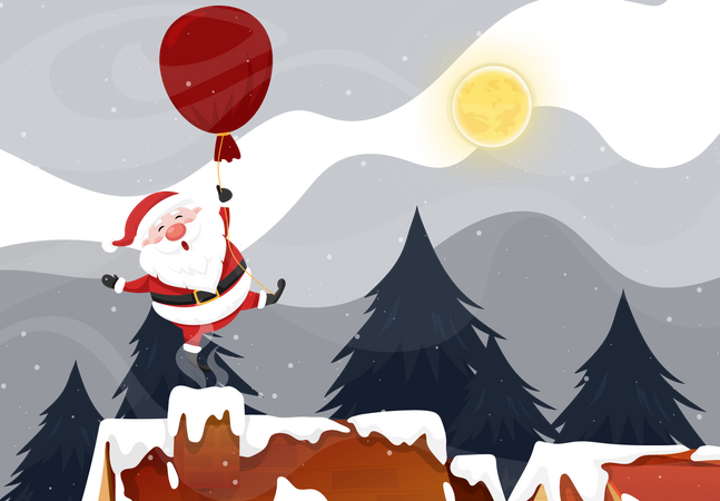 Santa Claus used balloon over rooftop and chimney at the Christmas night with full moon and snowy  Illustration