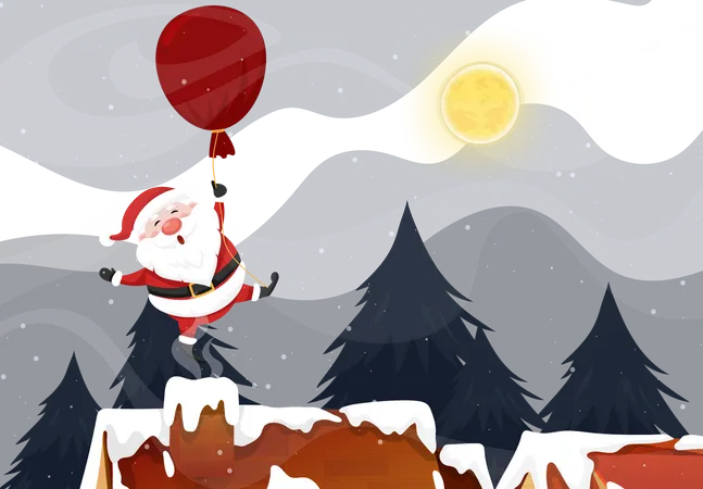 Santa Claus used balloon over rooftop and chimney at the Christmas night with full moon and snowy  Illustration