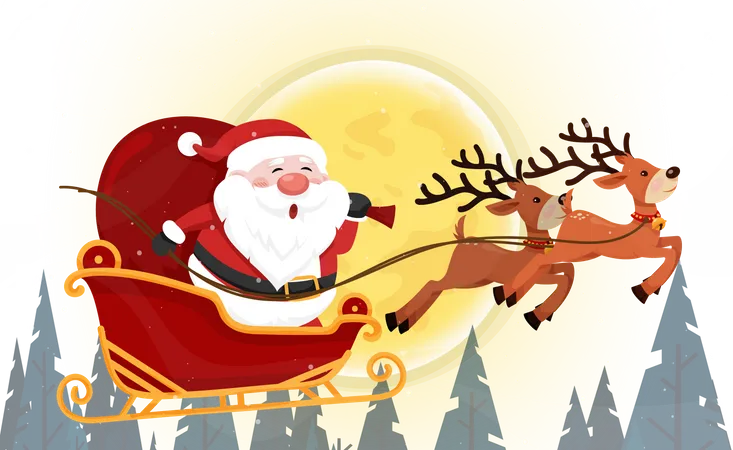 Papá Noel volando por el cielo en trineo con renos por la noche  Ilustración