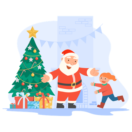 Santa Claus welcoming happy girl  Illustration