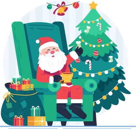 Santa Claus Sitting On His Armchair Drinking A Hot Drink With A Sack Full Of Gifts And A Christmas Tree Merry Christmas Illustration Illustration