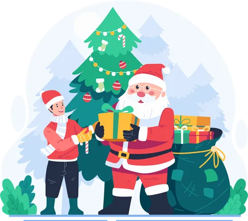 Santa Claus With A Sack Full Of Gifts Giving A Christmas Gift To A Little Boy Merry Christmas Concept Illustration Illustration