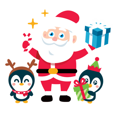 Santa Claus with baby Penguins and gifts  Illustration