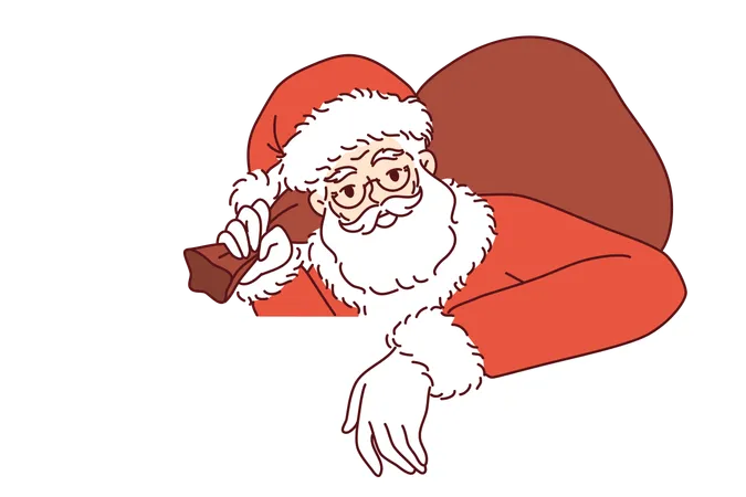 Santa Claus With Bag Of Christmas Gifts Leans On White Banner And Looks At Screen Inviting To New Year Party Santa Claus With Gray Beard And Mustache Congratulates On Winter Holidays Illustration