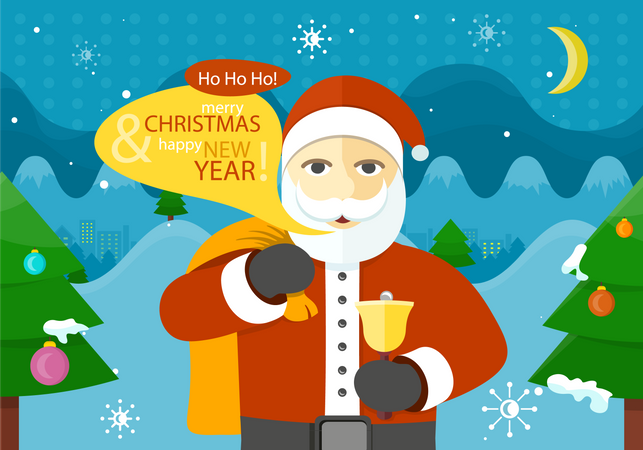 Santa Claus with bag of gifts and bell wishes Merry Christmas  Illustration