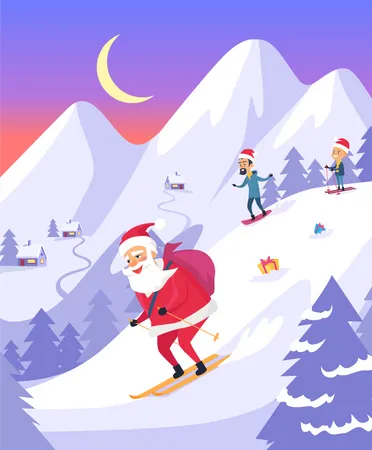 Santa Claus with Bag Sliding Down Snowy Mountains  Illustration