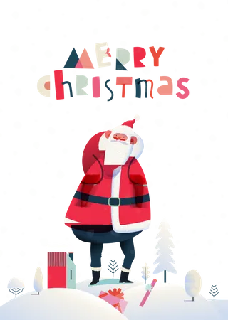 Standing Santa Claus Christmas And New Year Greeting Card Modern Flat Vector Concept Illustration Of Cheerful Santa Claus Standing On The Winter Landscape With Hills Houses And Trees Illustration