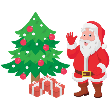Santa Claus with Christmas tree and Gifts Illustration