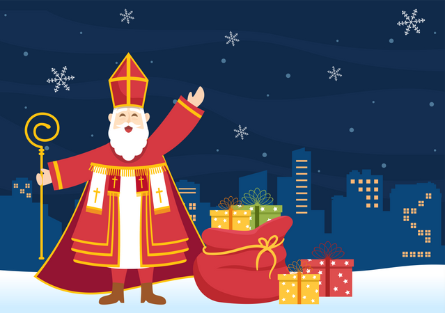 Santa Claus with gift boxes on Nicholas night  Illustration