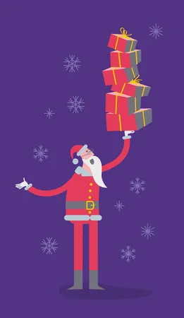 Flat Cartoon Vector Illustration Of A Jolly Character Santa Claus Holding A Lot Of Gifts On One Hand Illustration