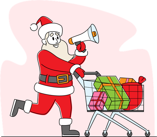 Santa Claus with Loudspeaker Pushing Shopping Trolley Announcing Christmas Sale Illustration