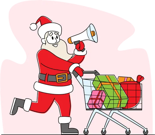 Santa Claus With Loudspeaker Pushing Shopping Trolley Announcing Christmas Sale Xmas Character In Red Suit Advertising Or Congratulation For Winter Holiday Discount Linear People Vector Illustration Illustration