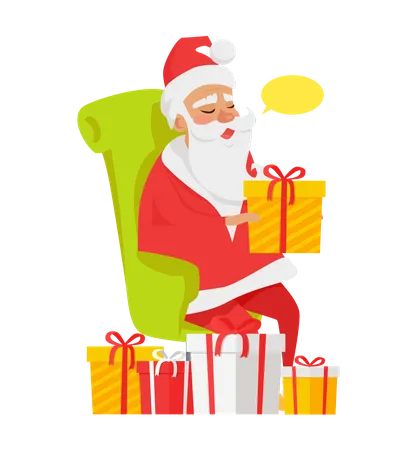 Sitting Santa Claus Among Big Colourful Presents Vector Illustration Of Old Bearded Man In Armchair Laughing Ho Ho Ho And Holding Yellow Gift With Red Ribbon And Bow Preparation To Christmas Holiday Illustration