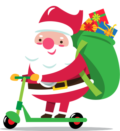Santa Claus with sack full of Christmas presents riding scooter  Illustration
