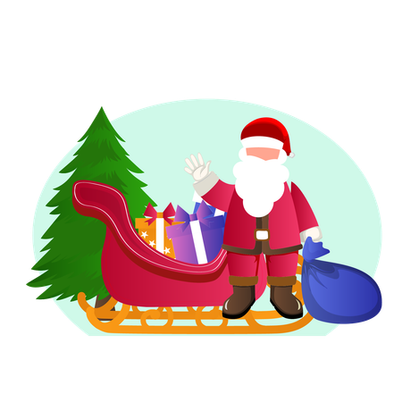 Santa claus with sleigh and gift  Illustration