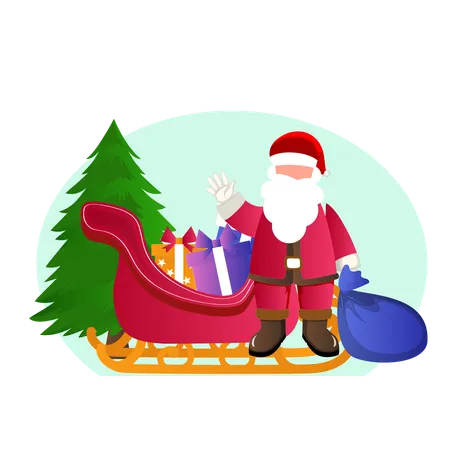 Santa claus with sleigh and gift  Illustration