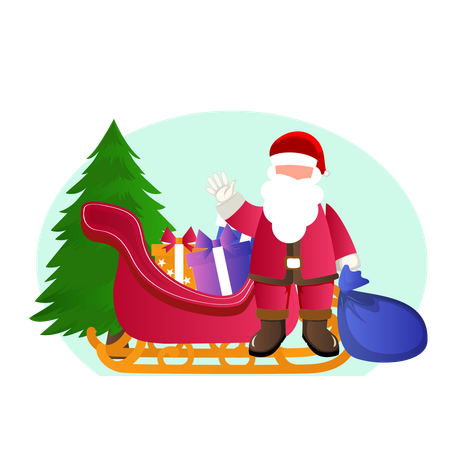 Santa claus with sleigh and gift  Illustration