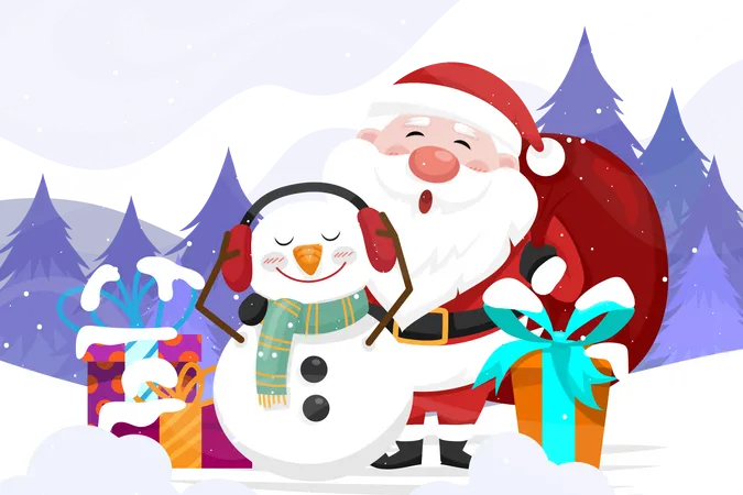 Santa Claus with snowman and giftbox Illustration
