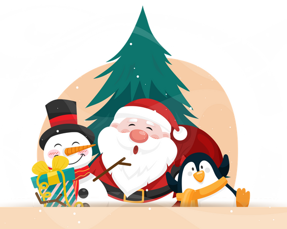 Santa claus with snowman and penquin Illustration