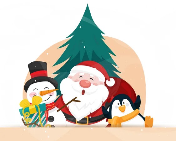 Beautiful Merry Christmas Card With Happily Santa Claus With Snowman And Penquin Pine Tree On Background Vector Illustration Illustration