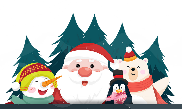 Santa Claus with snowman, polar bear and penquin Illustration