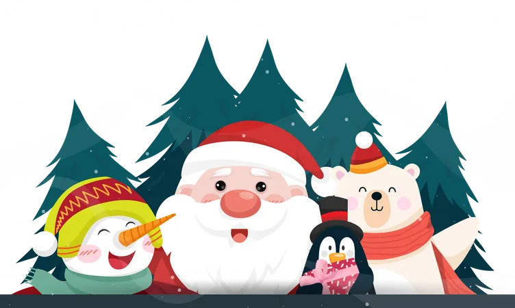 Beautiful Merry Christmas Card With Happily Santa Claus With Snowman Polar Bear And Penquin Pine Tree On Background Vector Illustration Illustration