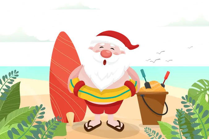 Santa Claus with surfboard and Swim ring on Beach Illustration