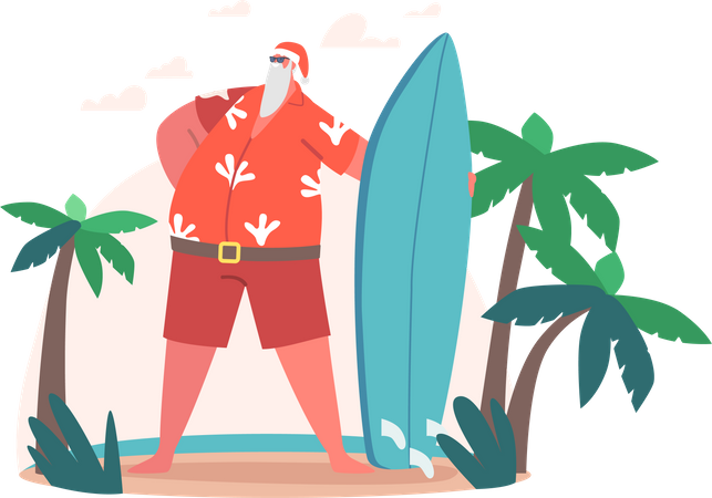 Santa Claus with Surfing Board at Ocean Beach Illustration