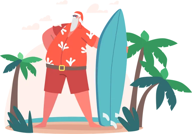 Santa Claus with Surfing Board at Ocean Beach  Illustration