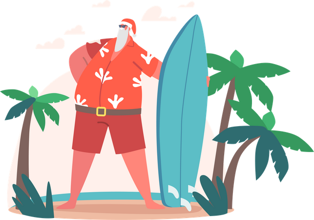 Santa Claus with Surfing Board at Ocean Beach  Illustration