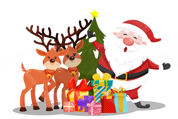 Santa Claus with two reindeer and preset box  Illustration