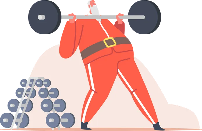 Santa Training With Barbell In Gym Funny Senior Character Healthy Lifestyle Bodybuilding And Powerlifting Sport Christmas Sportsman Mascot Cute Xmas Santa Claus Sports Cartoon Vector Illustration Illustration