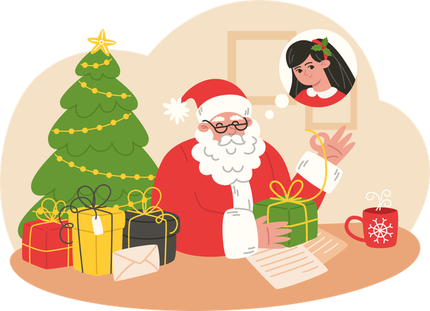 Santa Claus wrapping gifts for children  Illustration