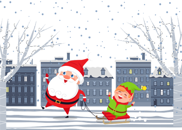 Santa Claus y elfo en trineo caminando por la ciudad nocturna  Ilustración