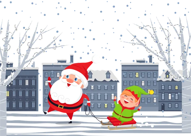 Santa Claus y elfo en trineo caminando por la ciudad nocturna  Ilustración