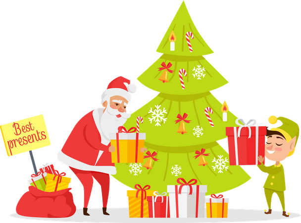 Papá Noel y gnomo empacando regalos en cajas cerca del árbol de Navidad decorado  Ilustración